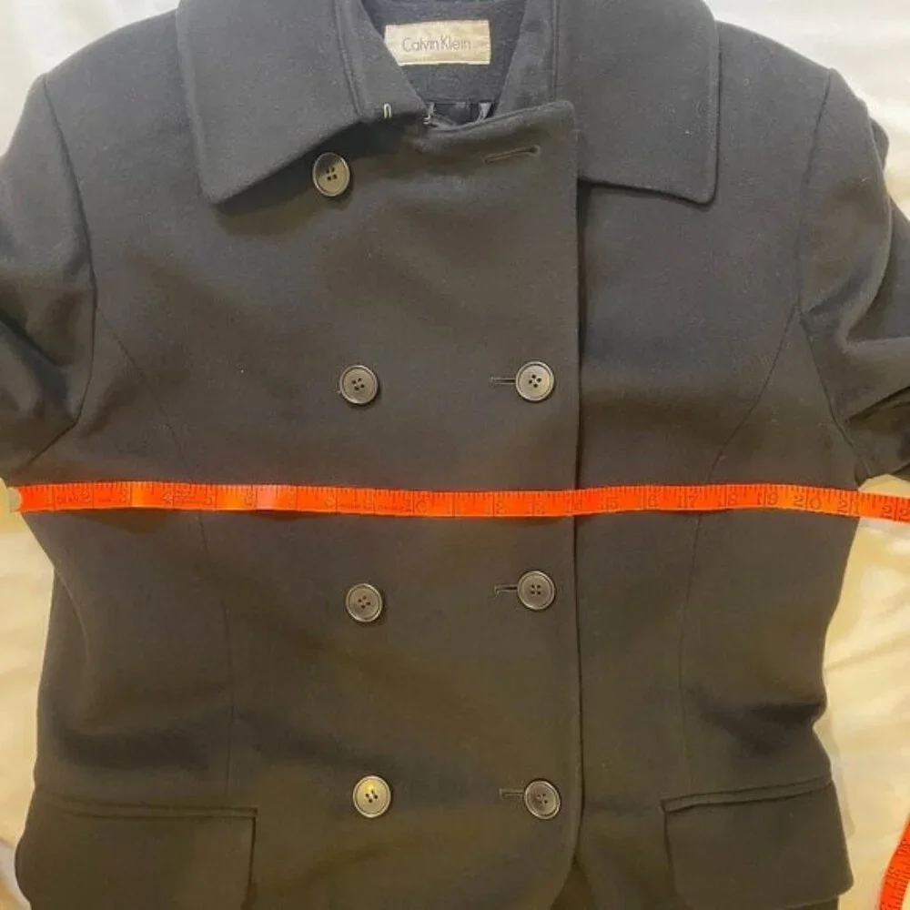 Calvin Klein Maxi Coat Size 12 Vintage 80's Black Double Breast Belt Merino Wool - Picture 9 of 15